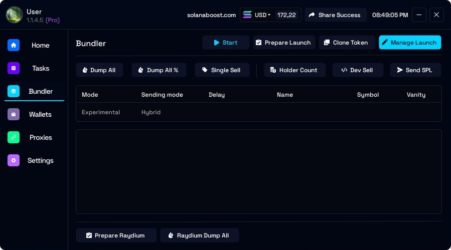 Screenshot of the SolanaBoost volume bot interface